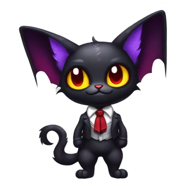 Cute-Evil-Vampiric-Batty-Cat-Black-Purple-Red-Yellow-Contrast-Colors-Fantasy-Fur-Sona-Chibi-Shiny-Fakémon-Hybrid with horns and big fangs neck bow white tie leg spats full body sticker