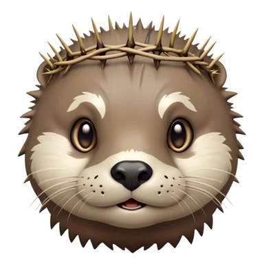 really cute confused otter face with simple thorny stem wrapped horizontally around its forehead like Jesus Christ's Crown of thorns, no crown shape on top, just thin spiky branches circling the forehead, very cartoony and expressive face, big eyes sticker