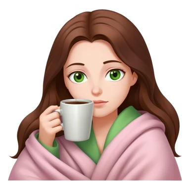 woman with very long brown hair and green eyes in a light pink blanket sleepy with coffee sticker