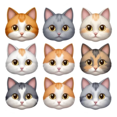 6 realistic looking cats with different natural coloured coats, assorted grey and white, greys, calico, brown and white colours etc
 sticker