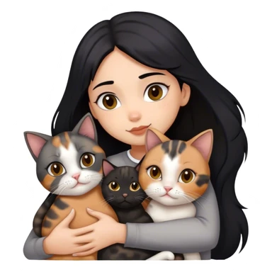 girl with black hair hugging three cats  (tortie cat, gray cat, brown calico cat) sticker
