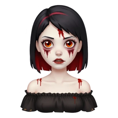 Garota zumbi com cabelo liso e mechas vermelhas na lateral da cabeça dos dois lados, usando uma blusa com manga caida preta sticker