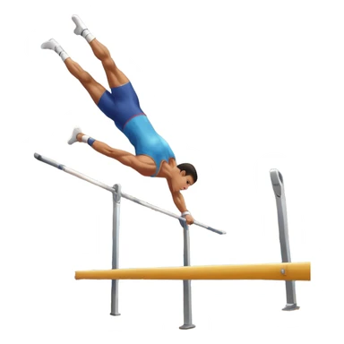 A professional male athlete performing on the parallel bars, showcasing strength and grace. His body is in mid-motion as he holds a perfect inverted position, demonstrating control and balance. The background features a bright gymnasium with high ceilings and a crowd cheering in the distance. sticker