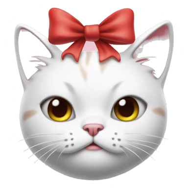 A white cartoon cat with a red bow on its left ear, looking unwell., disgusting a pink liquid sticker