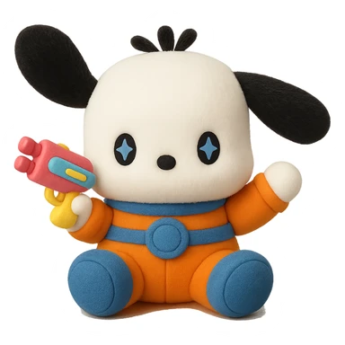 Make Pochacco hold a cute toy gun, keep him white with black ears, orange and blue space suit, plushy Popmart doll style, playful and adorable, no background sticker