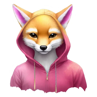 Pink magenta burgundy maroon cyan beige gray fox wearing a pink hoodie with gold jewellery gold piercings gold ear piercing gold nose piercing vintage watercolour tie dye black raven wings sticker