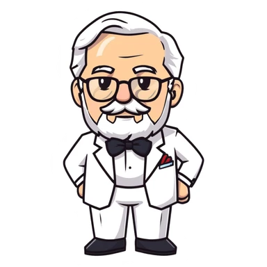 Colonel Sanders KFC, old man with white hair, white goatee, black bow tie, white suit, glasses sticker