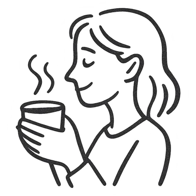 pen-drawn hand sketch style emoji of a woman in side profile, gently smiling, holding a steaming coffee cup with both hands, casual and simple lines, minimal or no color, cozy and relaxed mood, clear and warm expression sticker