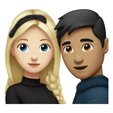 Blonde girl with blue eyes in black sweater and an east asian man with black hair and black eyes hugging sticker