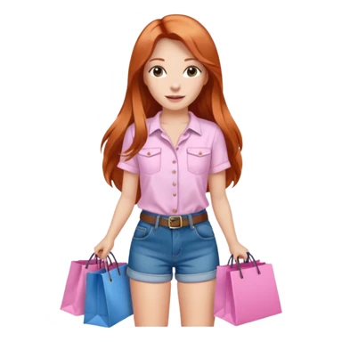 Chica con cabello cobrizo largo short de jeans blusa blanca y bolsas de compras rosas sticker