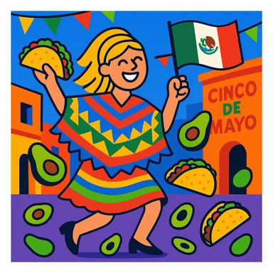 festive Cinco de Mayo cartoon of a tall blonde woman, smiling, wearing a colorful poncho, holding a taco and an avocado, waving a Mexico flag, dancing in the street, surrounded by tacos and avocados, lively street party background, bright and bold colors sticker