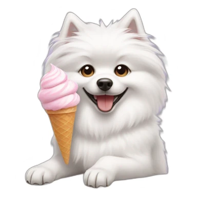White spitz eating an ice-cream sticker