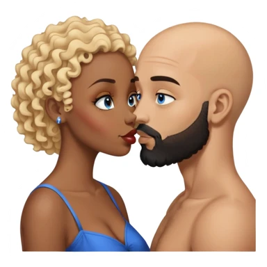 bald head man with brown eyes and black beard kissing African woman with blue eyes and curly blonde hair sticker