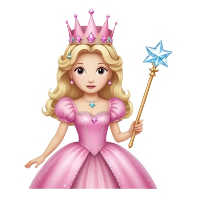 Glinda the Good Witch with blonde hair, sparkly crown, pink puffy dress, and magic wand sticker