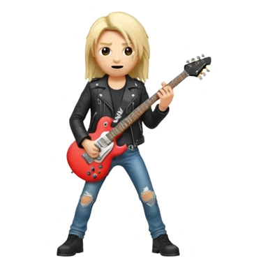 3D Apple-style emoji of a metal musician holding an electric guitar with a bold "ROCK" sign above. Long hair, black leather jacket, ripped jeans, intense expression. Rounded, glossy, smooth, soft shadows, white background.











 sticker