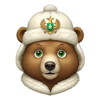 Cute Russian brown bear head with friendly expression and bright green eyes, wearing white furry ushanka hat with realistic double-headed eagle coat of arms centered sticker