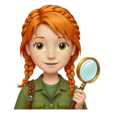 braid orange haired girl kid in moss green explorer outfit, holding magnifying glass, smile sticker