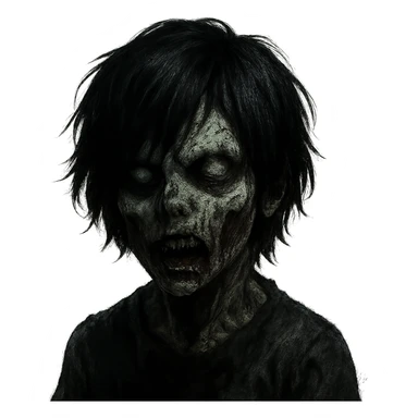 boy zombie with black medium-long emo shaggy hair, dark and spooky, creepy expression sticker