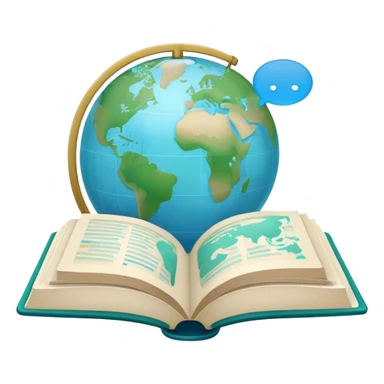 Create an emoji representing language translation. The design should feature an open book or a document with text in multiple languages (e.g., English, Spanish, Chinese), and a translation icon (such as an arrow between two languages) to symbolize the process of converting text. Include elements like a globe or a speech bubble to represent global communication. Use clear, simple lines and a color palette with blues, greens, and subtle neutral tones to convey the idea of clarity and understanding. Make the background transparent. sticker