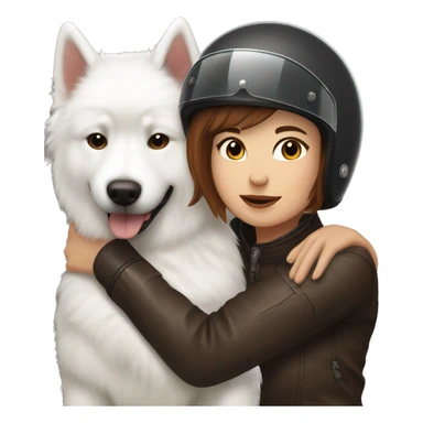 Girl biker white skin and brown short hair with a agv helmet hugging a Samoyed sticker