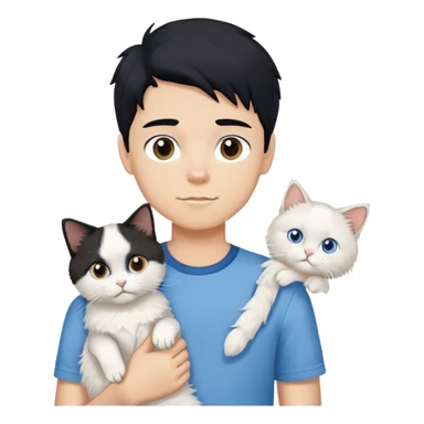 teenage boy with black hair wearing blue short sleeve shirt holding a white ragdoll cat sticker