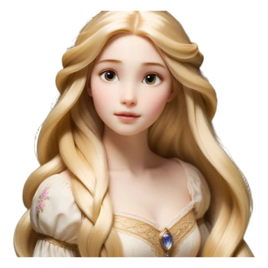 Cinematic Realistic Rapunzel Portrait, with porcelain-like skin featuring a subtle, natural glow, illuminated by soft lighting that brings out the gentle contours of her face. Her long, golden blonde hair cascades in detailed waves, each strand highlighted with a radiant shimmer as it catches the light. Her bright, expressive green eyes exude curiosity and warmth, framed by delicate lashes and soft, arched brows. Her expression is playful and vibrant, with a gentle smile. She is dressed in her classic lavender and pink gown, the fabric textured with delicate folds that flow naturally, catching the light with a soft, radiant glow. The portrait captures a luminous, enchanting aura, seamlessly blending realism with a whimsical, fairytale charm, evoking a timeless sense of beauty and magic. sticker