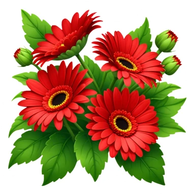bouquet Bright Red Gerbera Daisy, luxuriant, leaf, bud sticker