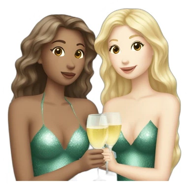 Three beautiful mermaids (two brown hair and blond one) drinking prosecco sticker
