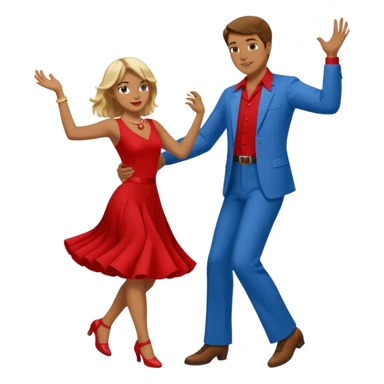 Two people. Man  wearing all red  with brown hair. Women iall blue with blond hair. Swing Dancing.  sticker