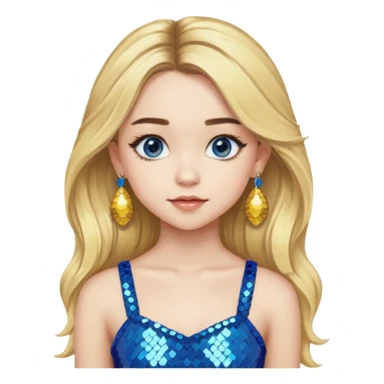 Sabrina Carpenter with long blonde hair, yellow sequin crop top, yellow earring, blue eye sticker