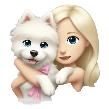 Blond girl white skin blue eyes hugging white Pomeranian with light pink bow sticker