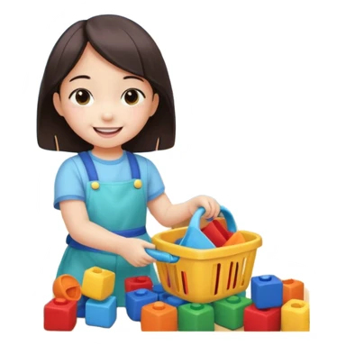 A cute 4-year-old Japanese girl with a big smile, proudly cleaning up her toys by herself in a bright playroom. She is putting colorful blocks and dolls back into baskets, looking happy and accomplished.  sticker