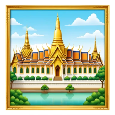 Cinematic Realistic Grand Palace Bangkok Landmark Emoji, showcasing the opulent golden spires, intricate Thai architecture, and the Emerald Buddha Temple set within a vibrant, manicured courtyard. sticker