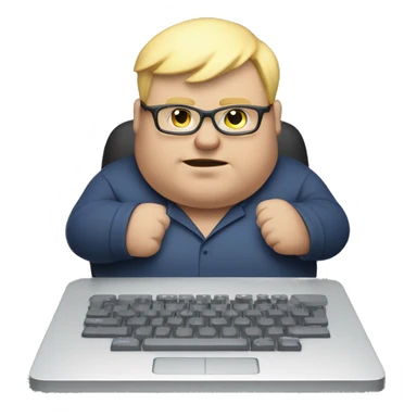 A fat guy with no shirt on with blonde hair and glasses typing on a keyboard  sticker