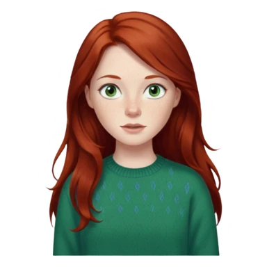 woman with long dark auburn red hair that is mostly straight but has slight waves to it. grey blue eyes. some freckles. wearing a Swedish style sweater that is green. blue grey eyes.  sticker