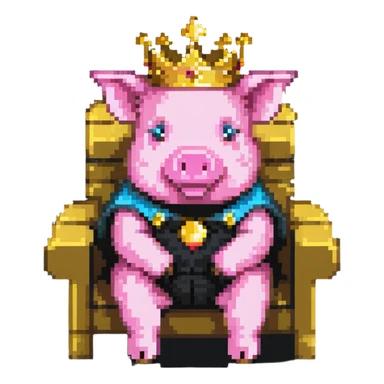 simple minimal pixel art pig with a golden crown sitting on a throne, blocky and square like Minecraft sticker