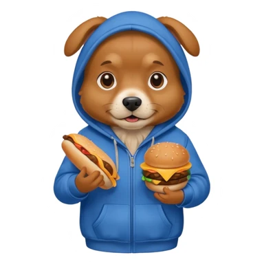 Dog wearing hoodie while holding hamburger sticker
