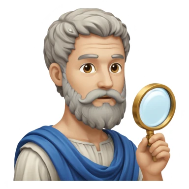 Dios griego con barba estilo estatua de color gris, de perfil mirando con una lupa de sticker