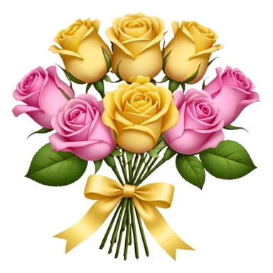 A bouquet of flowers, composed of pink and yellow roses, four blooms in total, tied with ribbon. sticker