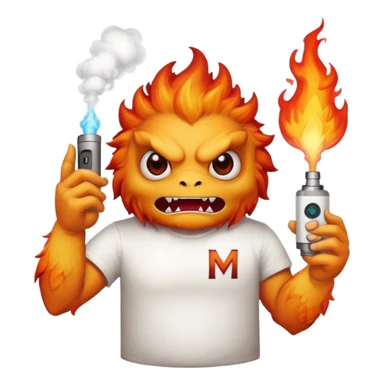 A fire monster wearing a white t shirt with the letter "M" and a vape in his hand  sticker