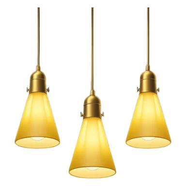 three hanging lamps in a dark room, only the middle lamp is dimly lit, casting a soft yellow cone of light downward, the rest of the room and other lamps remain in total darkness, minimalist cinematic lighting, moody atmosphere, black background, no people sticker