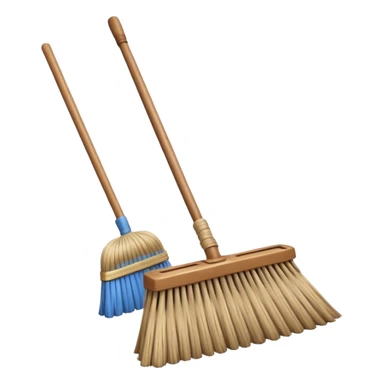 traditional broom with wooden handle on a dusty carpet, straw bristles sweeping visible dust clouds, old-fashioned cleaning tool, vintage household style, 3D cartoon, mobile game icon style, centered composition, no people, no animals, no text, no watermark sticker