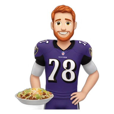 a red-haired young man without a beard wearing a ravens jersey and eating a chipotle burrito bowl sticker