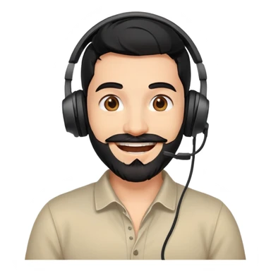 Very happy excited grinning man with black hair, brown eyes, black beard wearing a gaming headset sticker