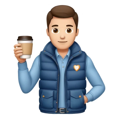 man with puffy vest and jeans with coffee mug sticker
