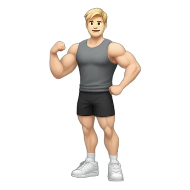 Full height Actively gesturing with hands Pale skinned Fit Man With the biceps, Bristle and light brown hair in dark gray Sleeveless Mike, black oversize sports shorts and white Sneakers sticker