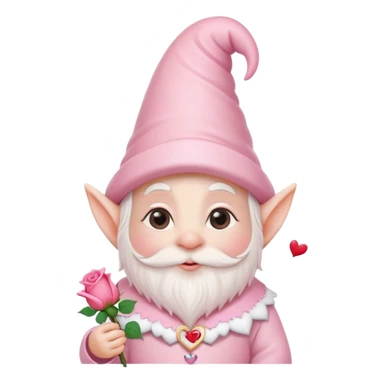 An adorable little pale pink Valentine’s Day style gnome with a rose and hearts in the background sticker