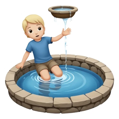 Create a clean emoji-style icon showing a small child falling into a round stone water well. The well must be clearly recognizable: circular stone rim, dark opening. Show the child mid-air, tilted downward above the well with simple motion lines. sticker