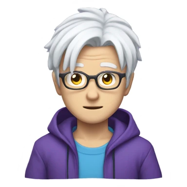 anime character named Saturo Gojo that has white hair, glasses, blue eyes, and wears purple clothing sticker