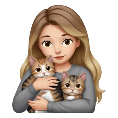 Une femme avec les cheveux dégradée, brun et blond, qui fait un câlin à son chat gris, tigré avec les extrémités que pattes pointe d’oreilles noires et le dessous du menton blanc la fille n’a pas d’oreilles, il n’y a qu’un seul chat sticker